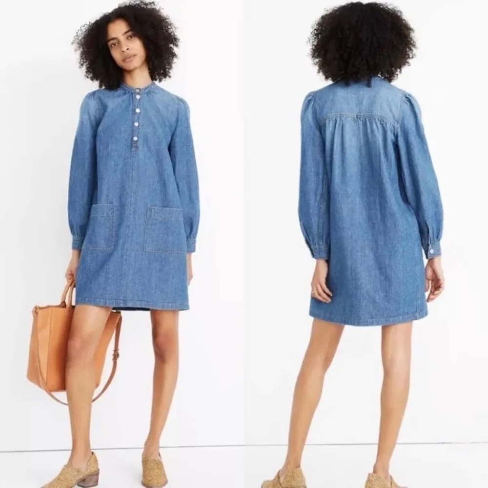 Madewell Denim Patch-Pocket Popover Shirtdress Mid Blue Wash Mini Dress chambray